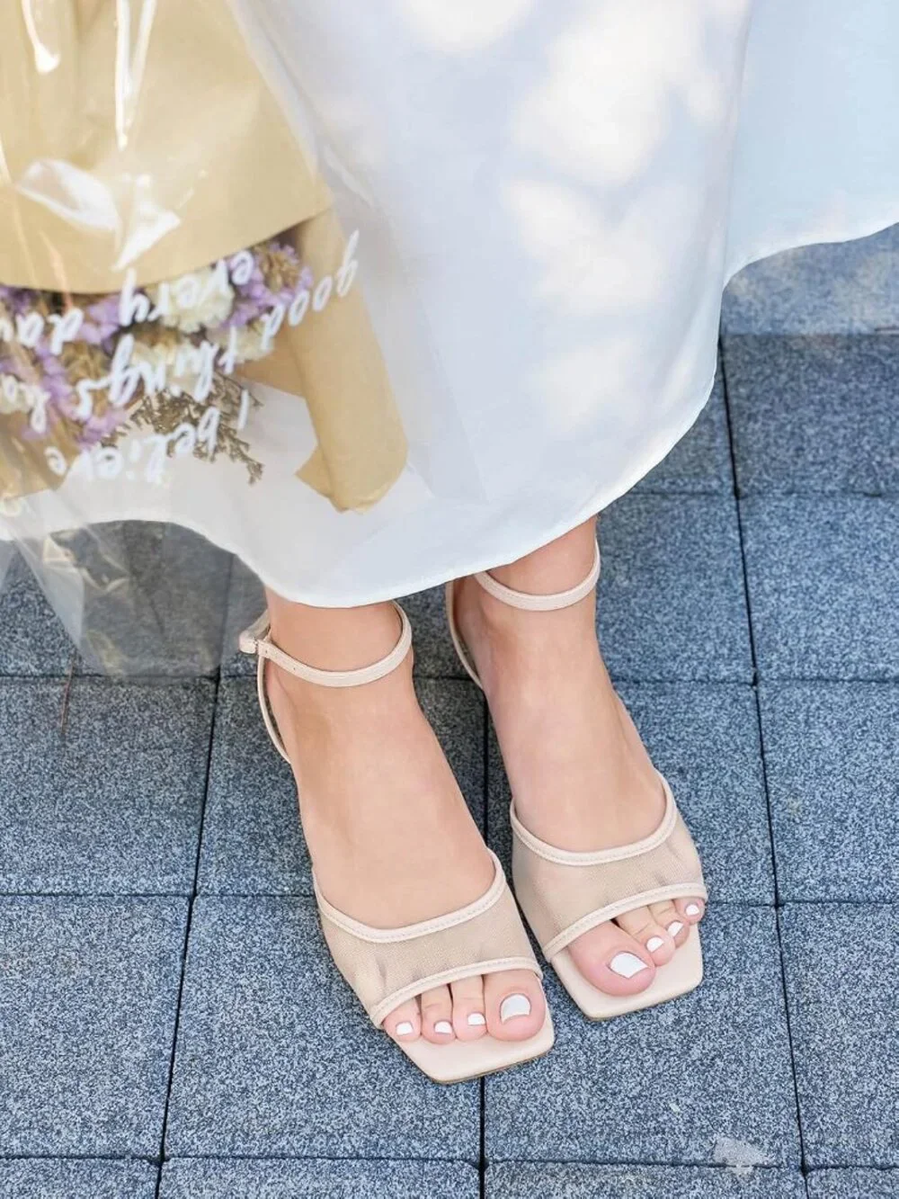 Women's Nude Kitten Low Heels Sandals Mesh Square Open Toe Buckle Ankle Strap